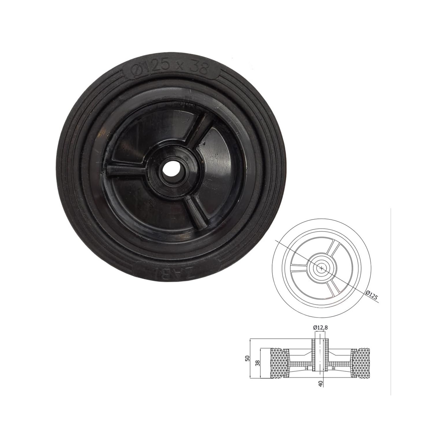 Rasenmäherrad 125 mm – Universal Ersatzrad aus Vollgummi für Rasenmäher, Code: K125